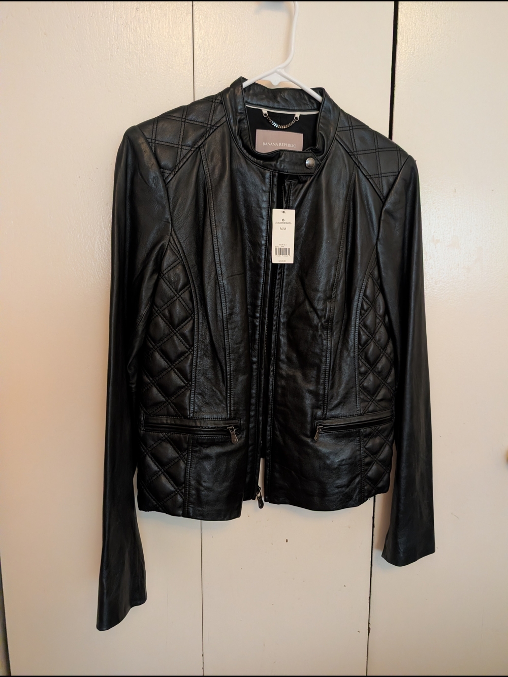 Banana Republic Black Quilted-Panel Leather Moto Jacket